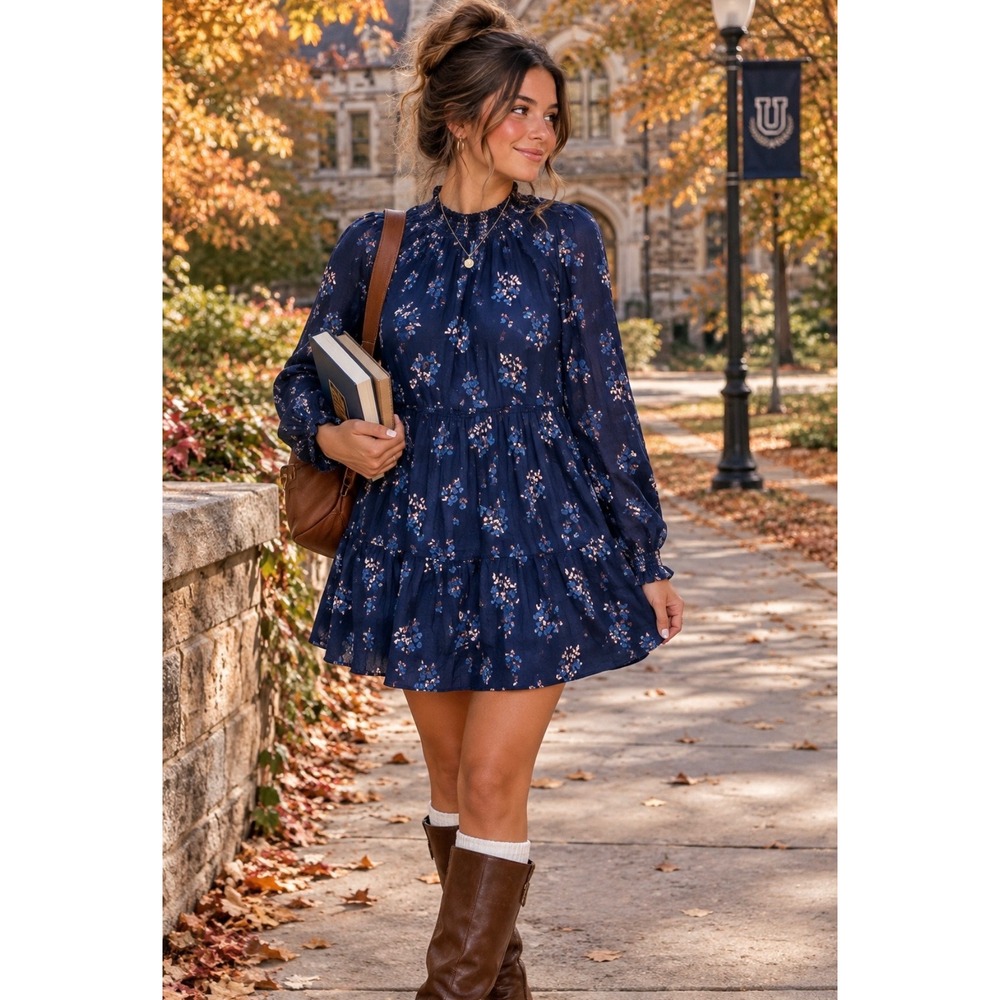Cottage-core Fall-Winter Blue floral tie back long sleeve short dress